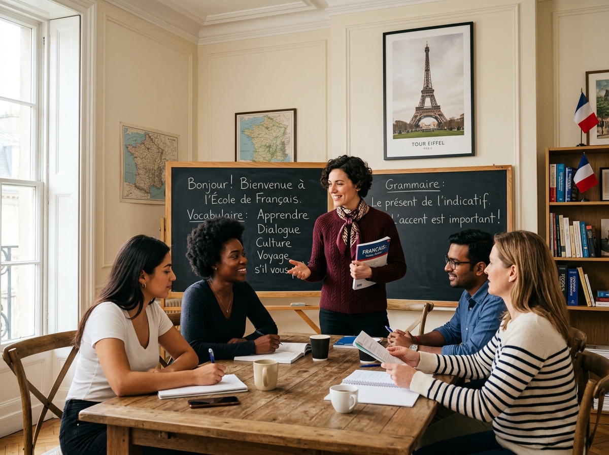 Alunos em aula de francês com professora nativa na Cultura Francesa
